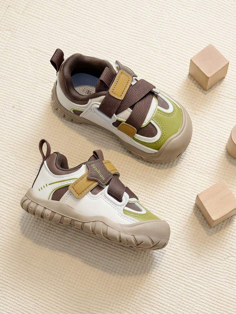 1 Pair 2026 New Kids' Sports Shoes, Retro Color-Block Anti-Collision Toe Design, Outdoor Casual Style, Suitable For Baby Walking And Daily Outfits - Khaki - View 1