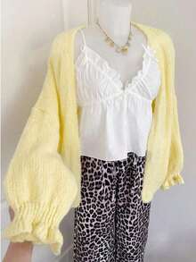 Women's Autumn/Winter New Style Solid Color Cardigan With Ruffled Cuffs - Sweet, Casual, Elegant Top For Home & Dating - Yellow - View 2