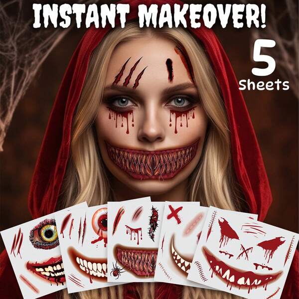 5pcs Big Mouth Face Decorative Stickers, Halloween Prank Makeup, Temporary Tattoo Stickers, Adult Fake Face Skull Horror Smiling Clown Scar Pattern, Day Of The Dead Decoration, Women Men Accessories, Role Play Party Makeup Ball Props, Waterproof Sweatproof, DIY Prank Props