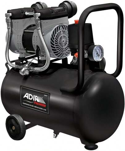Compresor de Aire 1.5 HP Libre de Aceite| Tanque Portátil de 24 L| 115 PSI Máx| Silencioso| Ruedas de Transporte 6"| Para Aerografía, Limpieza y Herramientas Neumáticas| Negro| Modelo 12613