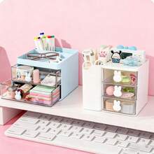 Drawer Storage Box, Small Drawer-Style Desk Organizer, Plastic Multi-Layer Mini Storage Box, Home Stationery Storage Box, Office Supplies Storage Box, Makeup Storage Box, (Cream White, Peach Pink, Sky Blue) Randomly Sent - Multiple Styles - View 3