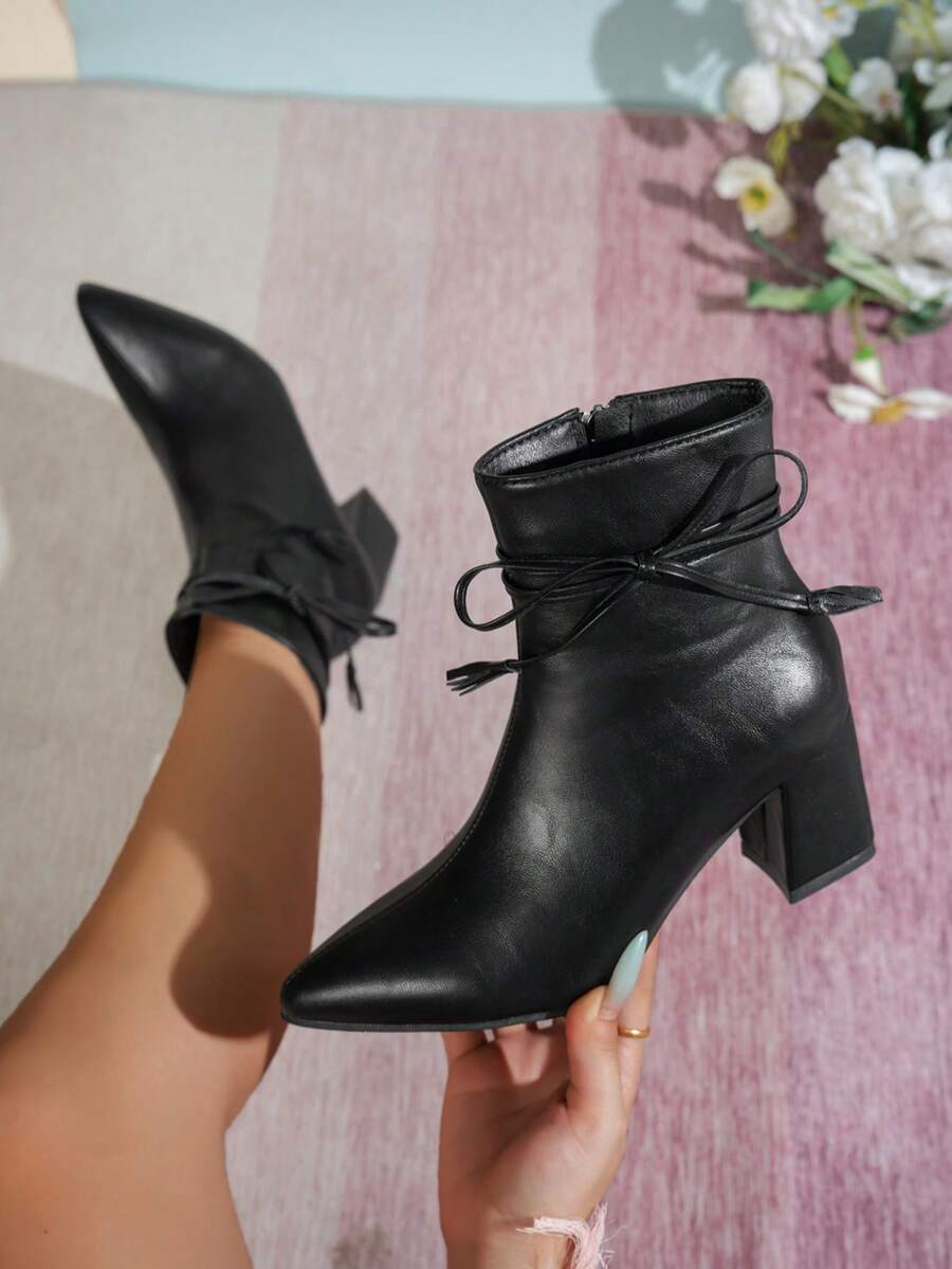 Women's Pointed Toe Chunky Heel Side Zipper Black Ankle Boots With Lace-Up Bow Decor, Versatile For Any Outfit, Elegant Commute Daily Wear - Black - View 1