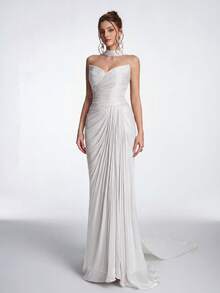 Anymoon Women's Solid Color Pleated Elegant Luxurious Evening Gown Wedding - White - View 2
