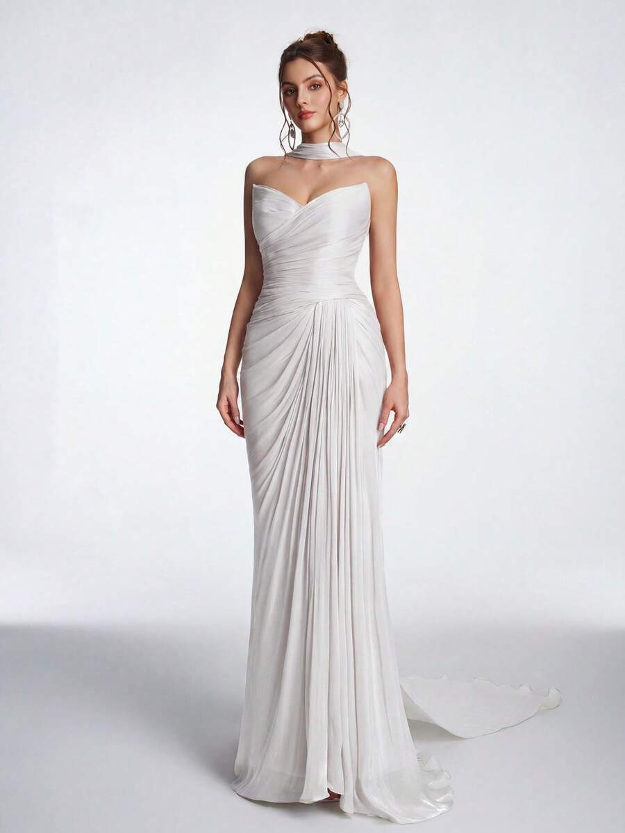 Anymoon Women's Solid Color Pleated Elegant Luxurious Evening Gown Wedding