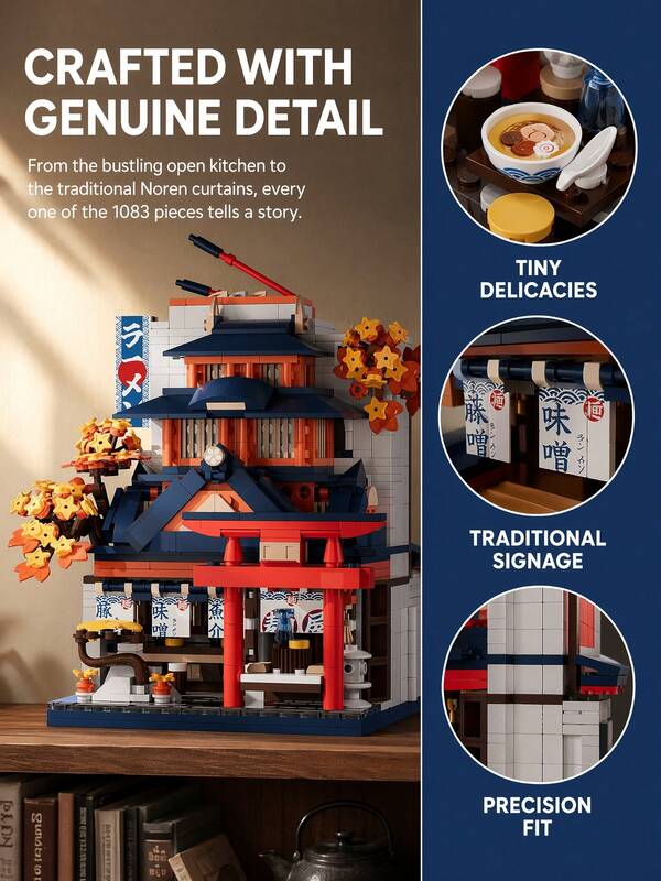 1083pcs Japanese Traditional Ramen Restaurant Scene Building Blocks, Adult DIY Assembly Kit, Tokyo Style Theme Decorative Stickers, Oriental Vintage Desktop Ornament, Suitable For Couples Unique Customized Gift Or Art Collection Gift