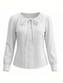 Korean Style Sweet Chic Women's Spring/Autumn French Fitted Tie-Front Single-Breasted Versatile Slimming Design Long Sleeve Cardigan Shirt White - White - View 6