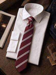 1pc Women's Classic Striped JK Uniform Tie, Suitable For Students And Teenagers, British Plaid Pattern, Cosplay Party Tie Accessory - Wine Red - View 3