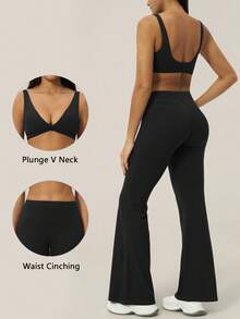 TimeOff Women's One Set Striped Spaghetti Strap Double Strap Bra With Folded Double Waist Wide Leg Pants Sports Set - Black - View 11