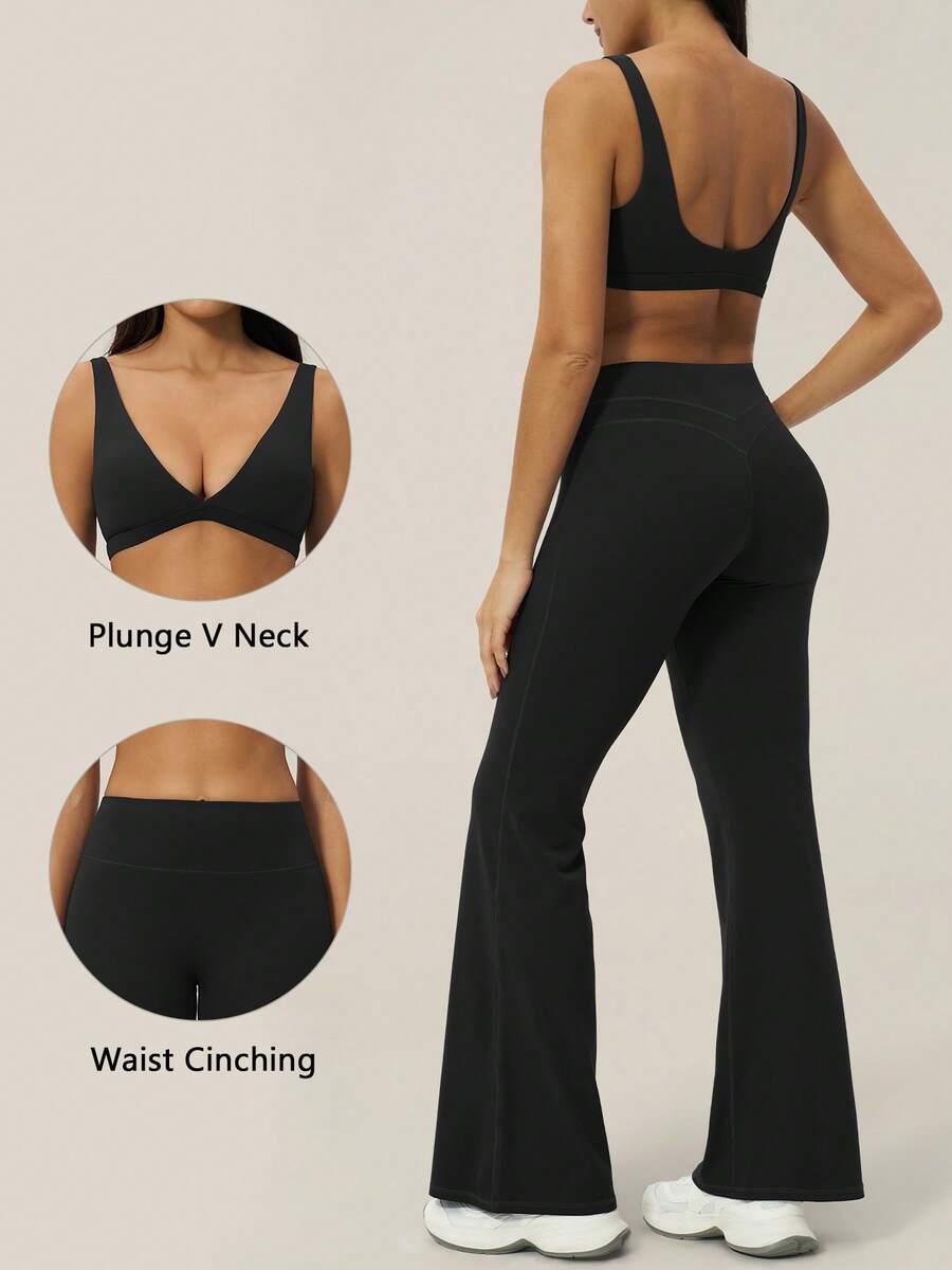 TimeOff Women's One Set Striped Spaghetti Strap Double Strap Bra With Folded Double Waist Wide Leg Pants Sports Set - Black - View 1