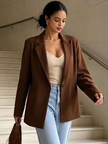 MODA MO, REF: MK0254 Women's Fitted Blazer, Elegant And Modern Suit Jacket, Sophisticated Social Look, Ideal For Valentine's Day, Feminine Style And Charm, Tailoring With Perfect Fit, Executive Fashion With A Romantic Touch - 巧克力棕 - 查看 5