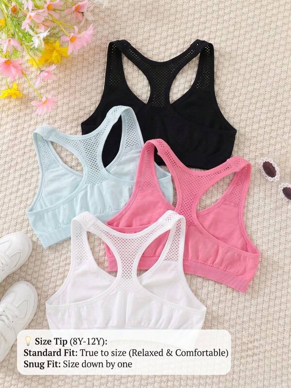 Conjunto deportivo casual de 4 piezas para niñas, con diseño de tirantes huecos, de punto de unicolor minimalista, cómodo y transpirable, adecuado para correr y hacer ejercicio en general