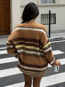 女款優雅時尚甜美軟暖度假約會通勤拼色毛絨寬鬆針織毛衣，秋冬款 - 棕色 - 查看 7