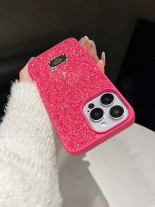 Shockproof Full Rhinestone Glitter 1PC Rose Skin Texture Protective Phone Case Compatible With IPhone 15 Pro Max Waterproof Anti-Fall Scratch Resistant Anniversary Gift - Hot Pink - View 3