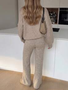 Women's Ribbed Knit Sweater Set In Khaki, Includes Drawstring Pants, Medium Stretch, Warm Casual Loungewear For Autumn/Winter - Khaki - View 6