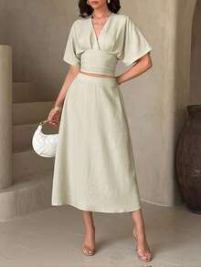 Women's Summer 2 Pieces Set Elegant Apricot Pleated Waist Short Sleeve Top And Casual High Waist Skirt - Gray Apricot - View 6
