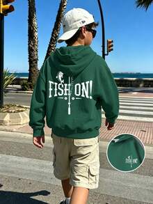 Outdoor Fishing Tween Boy Sweatshirt, Fish On Bass Rod Front & Back Print Soft Warm Fall Winter School Top - Green - View 1