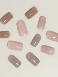 96pcs-4 Grids Solid Color Nude Press On Nail Tips, Medium Square Glossy Fake Nails, Milk Tea Coffee Neutral Tone Full Cover False Nails, Autumn Simple Daily Wear Manicure Nail Supplies For DIY Nail Art - Multicolor - View 5
