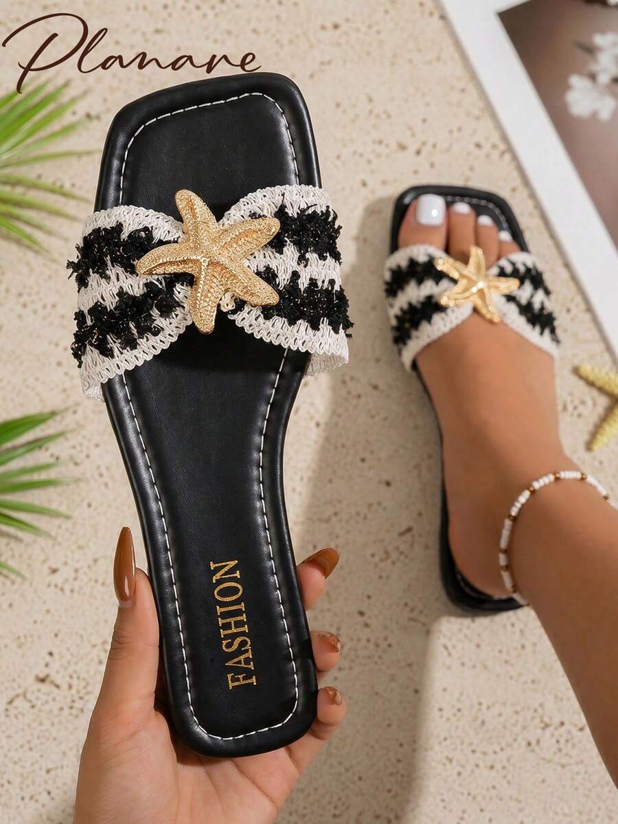 新款女款夏季時尚簡約休閒刺繡編織一腳蹬方頭平底黑色涼鞋,附金屬海星裝飾 - 黑色 - 查看 1
