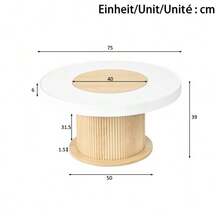 Round Coffee Table With Ribbed Cylindrical Base, Table With White-Wood-Colored Two-Tone Tabletop Made Of MDF And PVC, Living Room Table For The Living Room, Compact Side Table For Small Apartments - 白色 - 查看 4