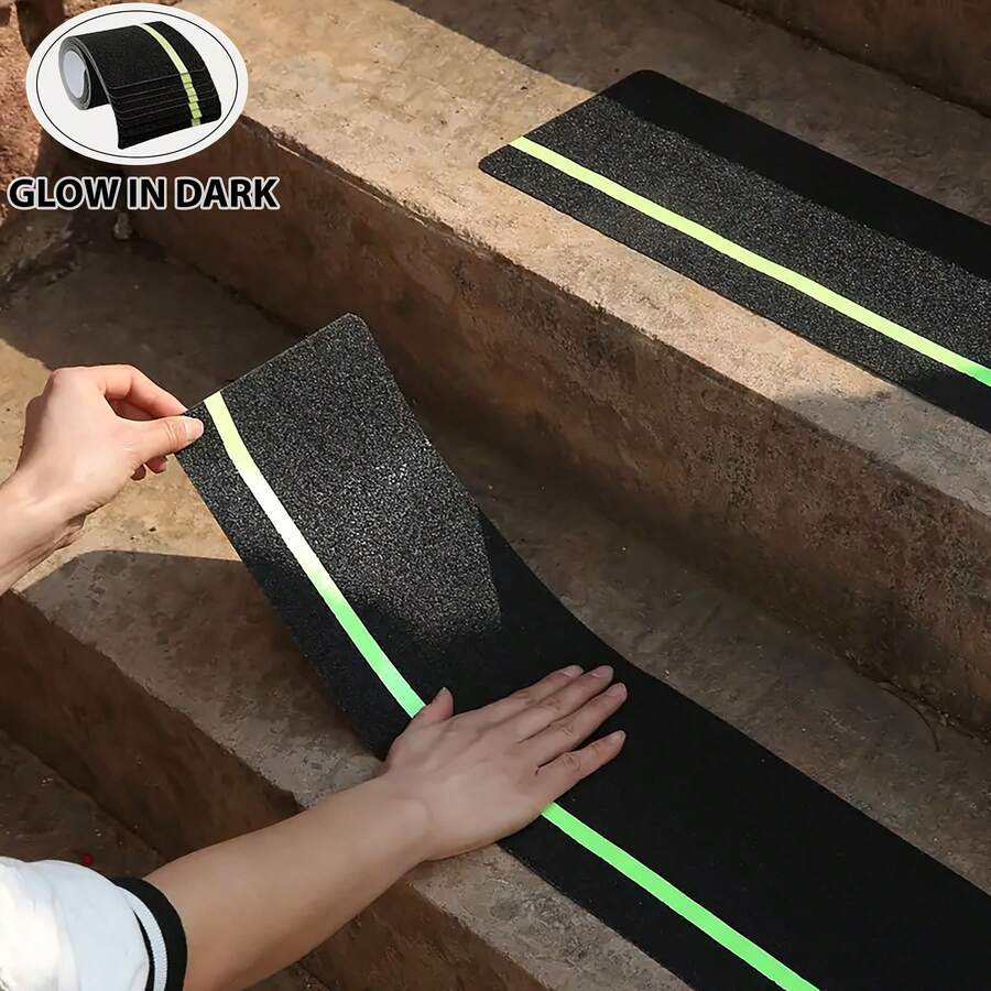 Anti-Slip Grip Tread Tape, Luminous Striped, Outdoor Waterproof Non-Slip Pre-Cut Tape With Roller, High Grip Frosted Anti-Slip, Suitable For Stair Treads