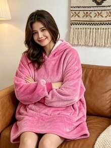 1pc Oversized Wearable Blanket Hoodie, Unisex Soft Flannel Hooded Blanket With Large Pockets, Comfortable Loungewear, Machine Washable Warm Blanket, Suitable For Home Relaxation, Camping, Christmas And Halloween - Multicolor - View 9
