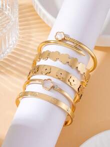 5pcs Luxurious Elegant High-End Exquisite Sparkling Gold Wide Clover/Heart Shaped Women's Bracelet Set - Yellow Gold - View 3