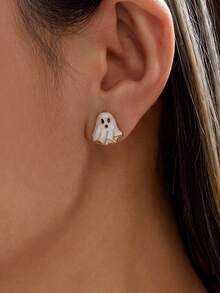1 Pair Halloween Cute Ghost Enamel Stud Earrings, Halloween Cute Fun Jewelry - Multicolor - View 2