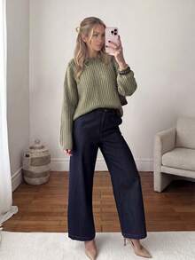 Women's Casual Ribbed Pullover Knit Sweater, Long Sleeve Basic Top For Fall Winter Daily Commute Outfits Basic Blouses Going Out Outfits - Olive Green - View 6