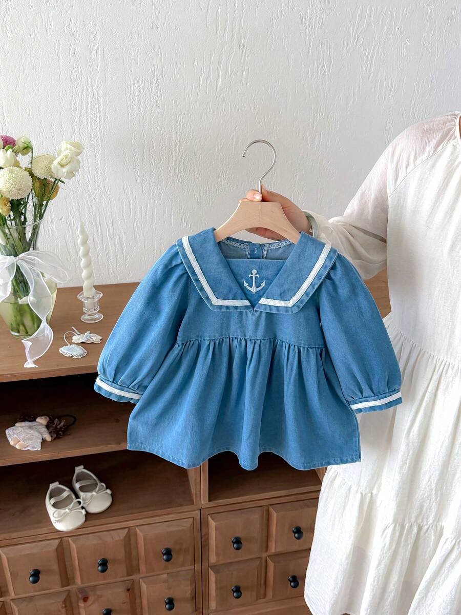Miniweenns 1pc Baby Girls Outdoor Casual Long Sleeve Embroidered Sailor Collar Denim Dress, Spring/Autumn
