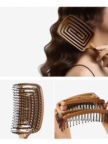 1pc Hollow Curved TPE Wood-Color Hair Comb, Wet & Dry Use, Soft Massage Detangling Brush, Suitable For Smoothing Frizzy Hair, Blowout Styling, Travel, Salon And Bathroom Hair Care Accessory - Multicolor - View 3