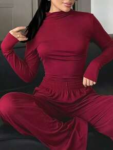 Autumn Women's Solid Color Minimalist Casual Set: Crew Neck Long Sleeve Top And Straight Leg Elastic Waist Pants (2 Pieces Set) - Burgundy - View 5