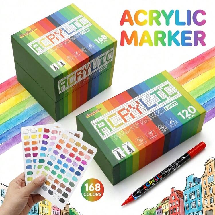 Dual-Tip Acrylic Marker Set, 12 Colors/48 Colors Optional, Classic/Metallic/Macaron/Skin Tone Color Series, 4 Sets Optional, First Day Of School - Multicolor - View 10