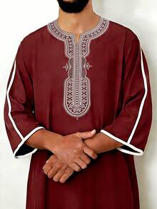 Men's Ramadan Embroidered Thobe, Men's Pullover Gandoura Solid Color Thawb, Arabic Men's Traditional Gandoura Thobe Robe With Pockets - Burgundy - View 1