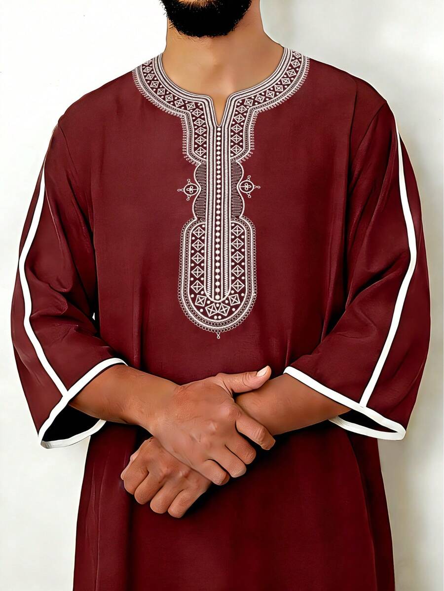 Men's Ramadan Embroidered Thobe, Men's Pullover Gandoura Solid Color Thawb, Arabic Men's Traditional Gandoura Thobe Robe With Pockets - Burgundy - View 1