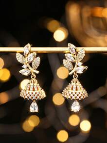 1 Pair Luxury Jhumka Elegant Zirconia Leaf Earrings Fashion Design Bell Earrings Glamorous Bollywood Jhumki, Suitable For Women, Girls Daily, Festival, Wedding And Party Wear/Jewelry Gift - Classic - View 2