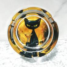 Oil Painting Black Cat Creative Pattern Glass Ashtray, 3.34 Inch Round Ashtray, Decorative Ornament Ashtray, Gift For Friends - Oil Painting Black Cat - View 8