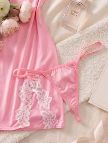 Camisón de encaje con escote en V y abertura en contraste de color, diseño encantador, con tanga, lencería sexy para mujer, camisola sexy con tirantes finos. - Rosa - Ver 5