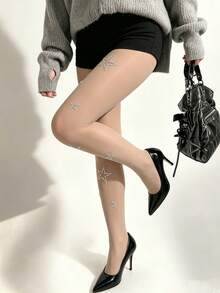 Rhinestone Star Pattern Sheer Tights, Skin Tone Transparent Pantyhose, Fashion Slim Fit Hosiery For Women Daily Party Outfit - Multicolor - View 3