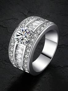 MONALLY Anillo elegante para mujer con tres filas de circonita cúbica engastada, piedras de corte redondo y baguette, banda ancha de boda, anillo de compromiso nupcial y promesa, joyería fina de aniversario - anillo - Ver 1