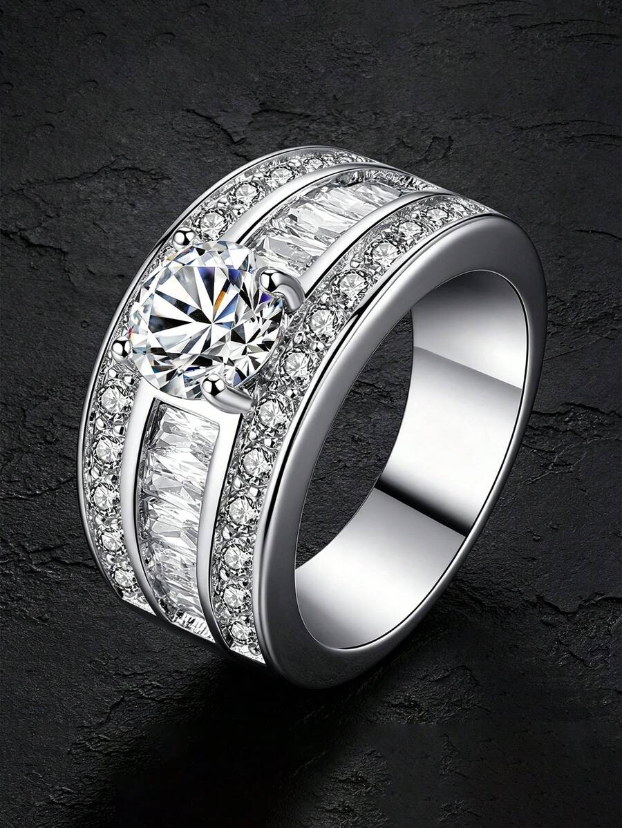 MONALLY Anillo elegante para mujer con tres filas de circonita cúbica engastada, piedras de corte redondo y baguette, banda ancha de boda, anillo de compromiso nupcial y promesa, joyería fina de aniversario - anillo - Ver 1