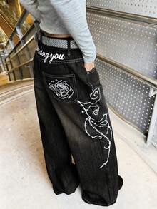 1件女款美式街頭風刺繡寬鬆舒適寬腿牛仔長褲，四季時尚（本產品不含腰帶/配件） - 黑色 - 查看 7