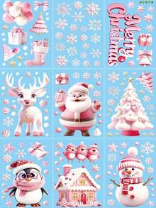 9pcs Pink 3D Christmas Window Stickers, Christmas Decoration Decals, Suitable For Christmas Home Decor, Including Santa Claus, Reindeer, Snowman, Snowflake, Christmas Elements, Suitable For Holiday Office Decoration, Christmas Window Stickers - View 8