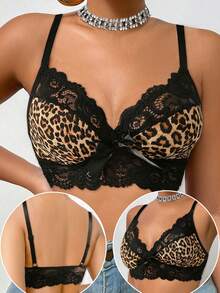 1pc Women's Casual Solid Color Lace Patchwork Sexy Leopard Print Comfortable Minimalist Sports Bra - Black - View 1