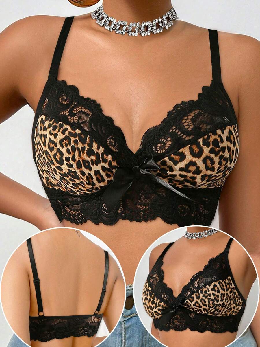1pc Women's Casual Solid Color Lace Patchwork Sexy Leopard Print Comfortable Minimalist Sports Bra - Black - View 1