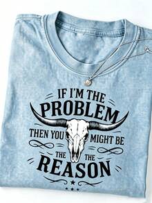 Unisex Washed Distressed T-Shirt Cotton Blend Casual Oversized Tee.Women'S Washed T-Shirt "If I Am Problem, Then You May Be The Reason" |   Weste - 淺藍色 - 查看 12