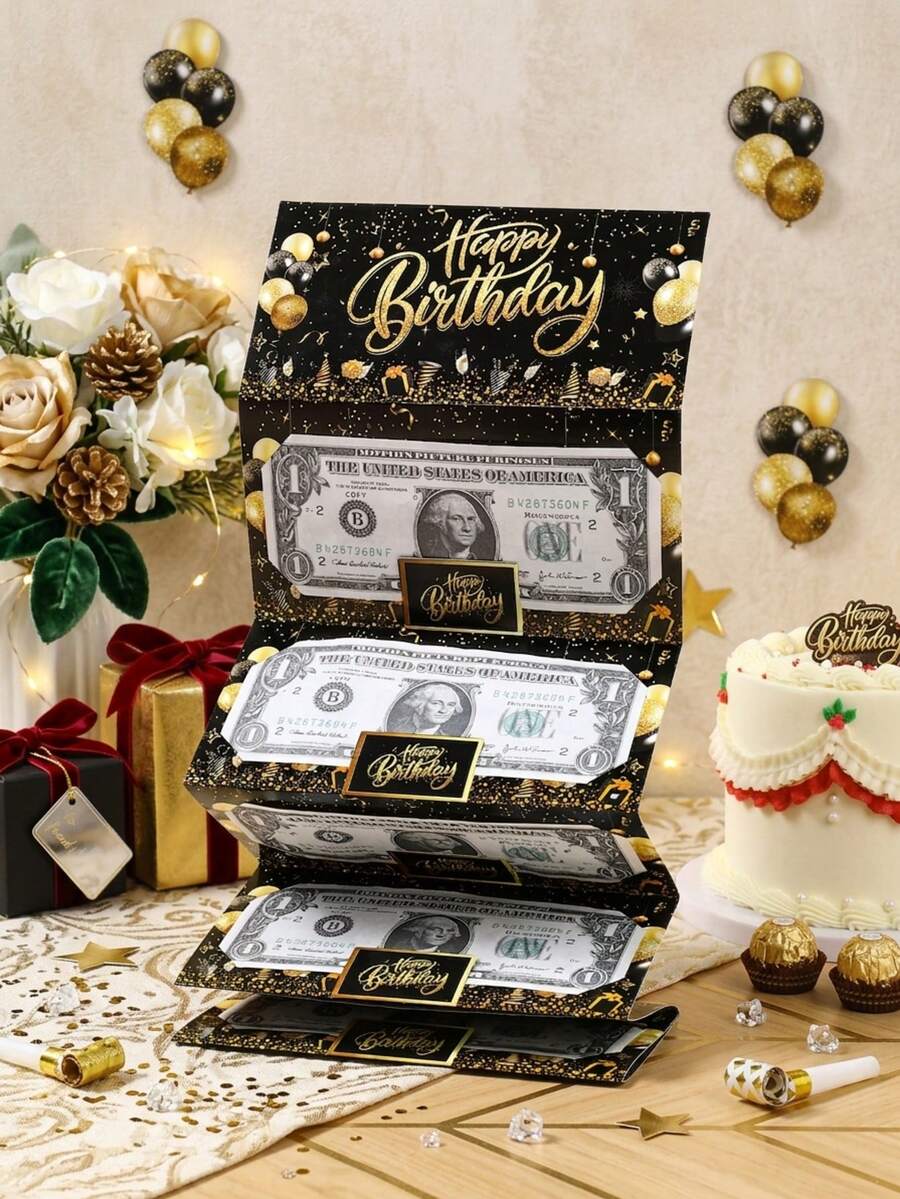生日紙製現金禮物夾，驚喜現金信封，適合男女使用，生日禮品卡，黑金色