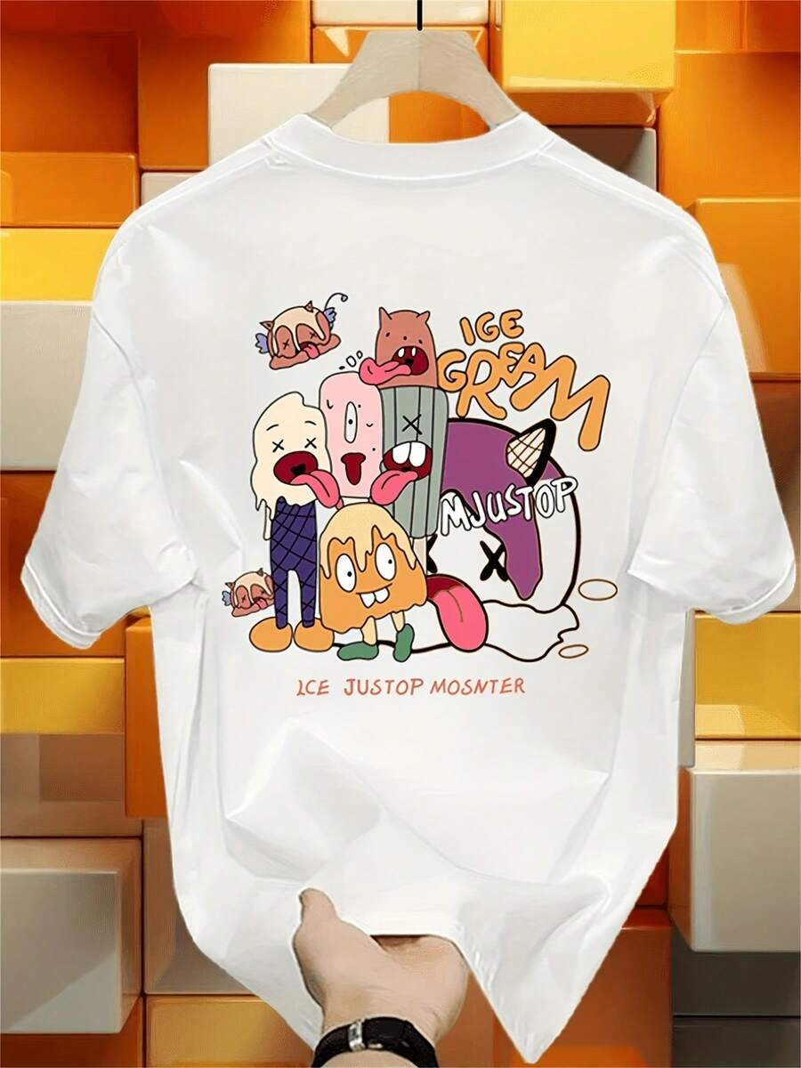 Schweres reines bedrucktes Kurzarm-T-Shirt für Herren, neue Sommerkollektion in großen Größen, vielseitiges Casual-Oberteil - Weiss - Übersicht 1