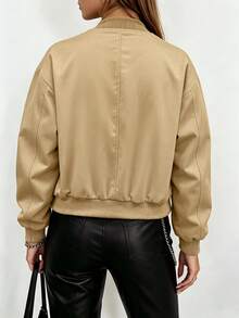 Plus Size Women's Autumn/Winter New Lightweight Khaki Baseball Collar Flight Jacket, Plus Size Drop Shoulder Bomber Jacket, Minimalist Style For Shopping And Commuting, OOTD Essential - Khaki - View 3