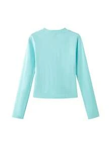Niche Unique Design Square Shoulder Long Sleeve T-Shirt For Women, Hot Girl Solid Color Autumn Inner Layer Mint Green Y2K Top - Mint Green - View 7