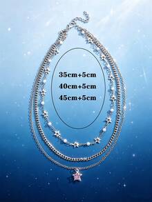 1/3pcs Silver Metal Handmade Chain Star Moon Pendant Multi-Layer Necklace - Silver - View 10